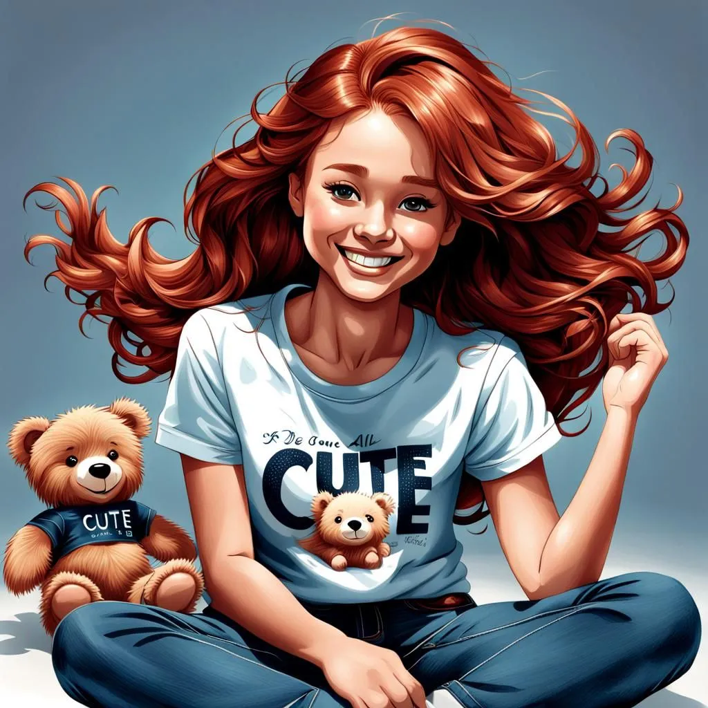 The image shows a young girl with long red hair and blue eyes. She is wearing a white shirt that says \