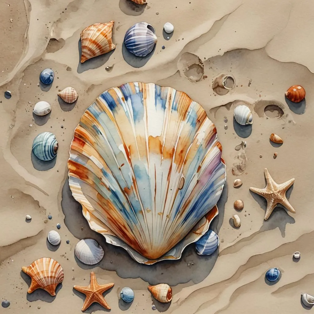 This is a watercolor painting of a seashell on sand. The shell is open, exposing its pearly inside. There are many other shells scattered around it, in various colors and shapes. There are also two starfish. The sand is beige and wet, with footprints. The painting has a warm and inviting feel to it.