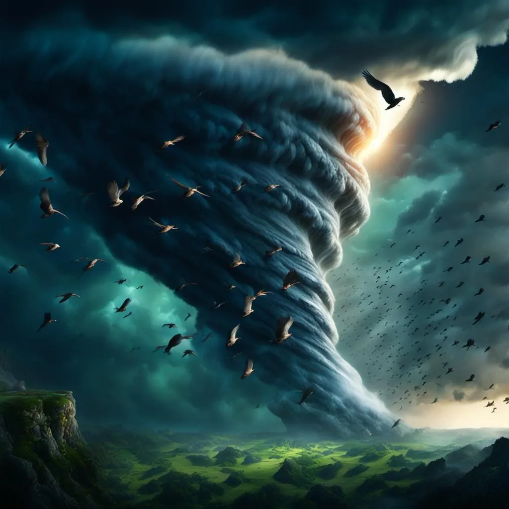 A dark, ominous tornado looms over a green landscape. The tornado is surrounded by swirling clouds and a flock of birds. The sky is dark and stormy. The tornado is powerful and destructive, and it looks like it will cause a lot of damage. The birds are flying away from the tornado, trying to escape its wrath. The tornado is a force of nature, and it is unstoppable.