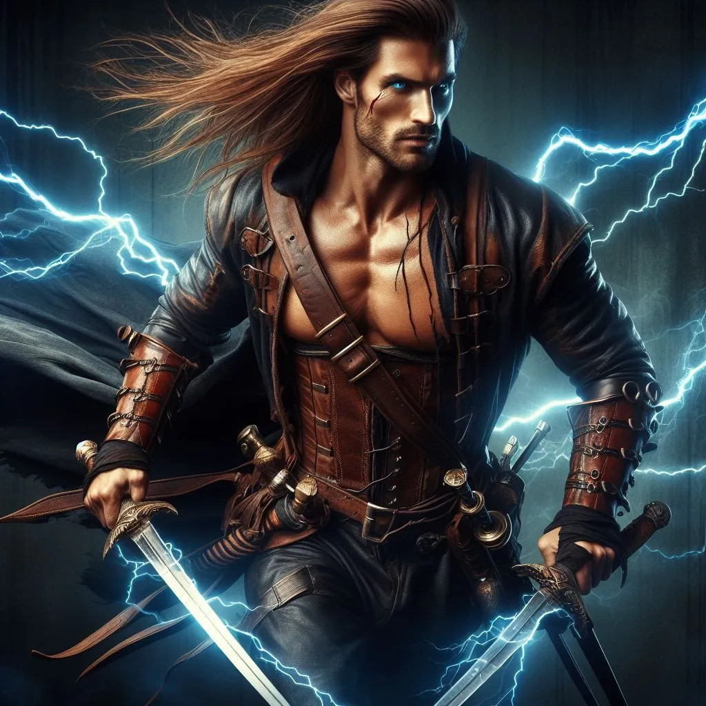 This is a picture of a man with long blond hair. He is wearing a brown leather vest and there is a blue sash around his waist. He is holding two swords. There is lightning in the background.