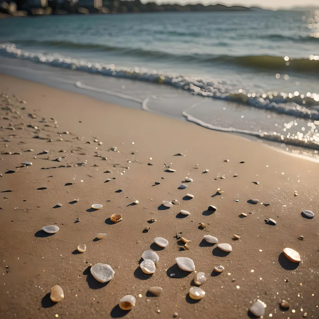 The image shows a beach with a lot of seashells on the sand. The sand is wet and the waves are gently crashing on the shore. The sun is shining brightly and there are some clouds in the sky. The beach is not very crowded and there are only a few people in the distance. The water is a beautiful blue-green color and the sand is white and soft. The seashells are all different shapes and sizes and they are all very pretty.