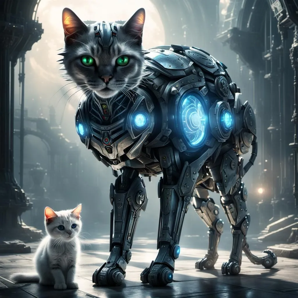 A large, gray cat with green eyes and a robotic body stands in a dark, futuristic setting. The cat is looking down at a small, white kitten. The kitten is looking up at the cat with admiration. The cat has a glowing blue orb on its chest. The cat and the kitten are both wearing collars with glowing blue lights.