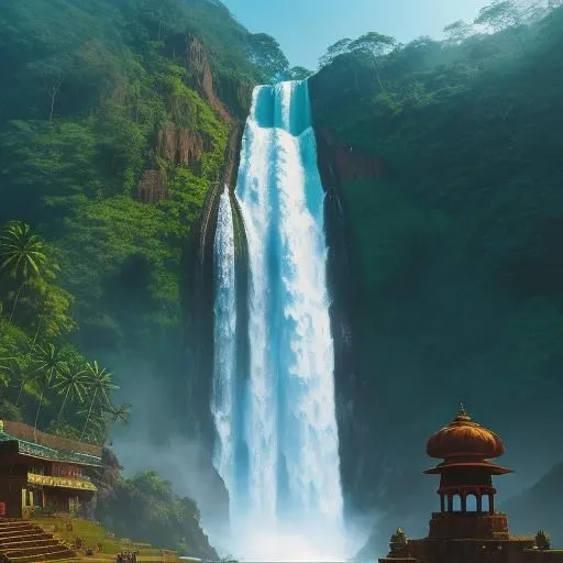 The image is of a waterfall in a tropical setting. The waterfall is surrounded by a lush green jungle and there is a temple at the base of the falls. The water is crystal clear and碧绿色的. The waterfall is very tall and the water falls from a great height. The temple is made of white marble and has a very intricate design. There are people at the base of the waterfall enjoying the view.