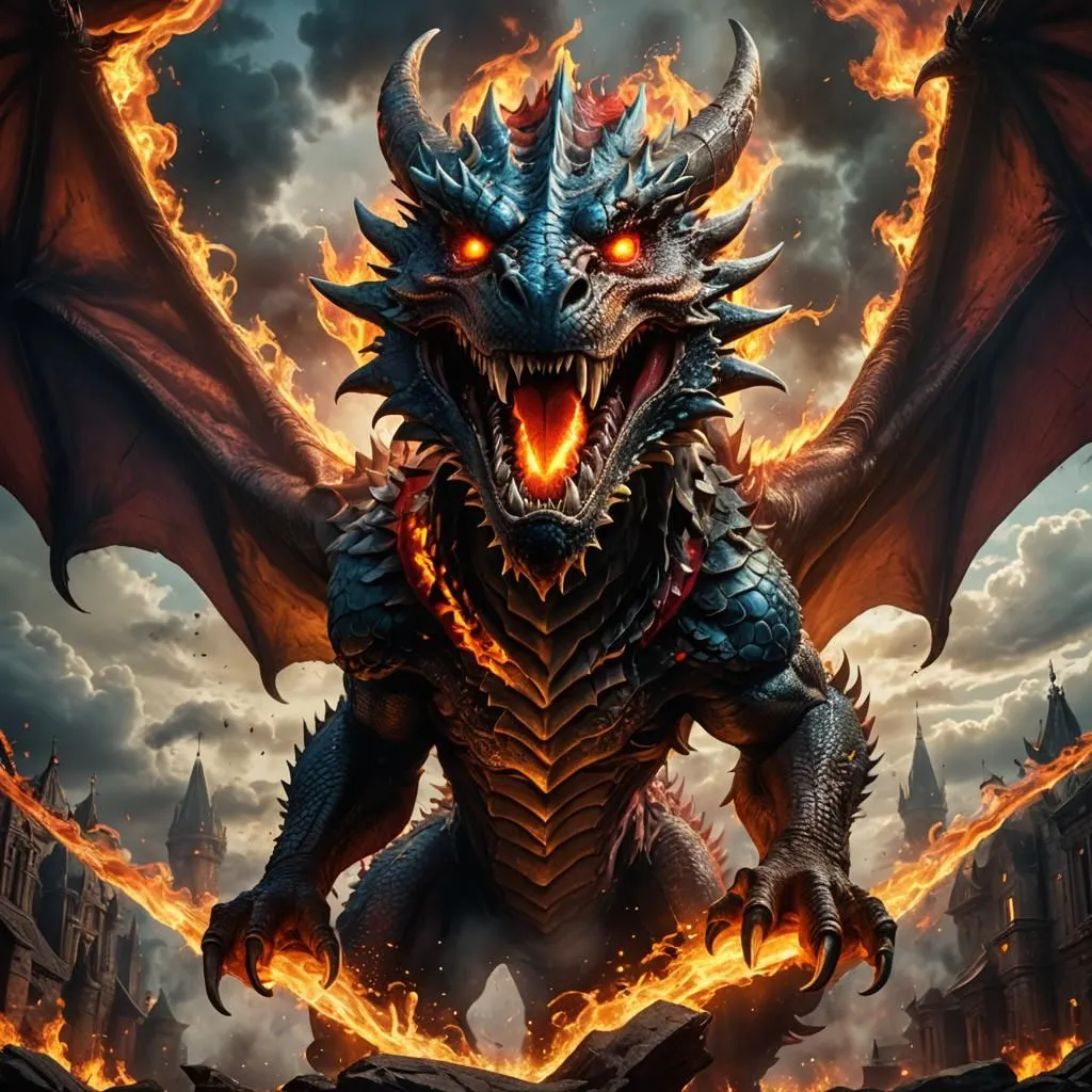 The dragon is a fearsome creature with a long, serpentine body covered in scales. It has a pair of powerful wings that allow it to fly and a long, forked tail. The dragon's head is狰狞, with a pair of sharp horns and a mouth full of sharp teeth. Its eyes are a deep, piercing red, and they seem to glow with an inner fire. The dragon is surrounded by flames.