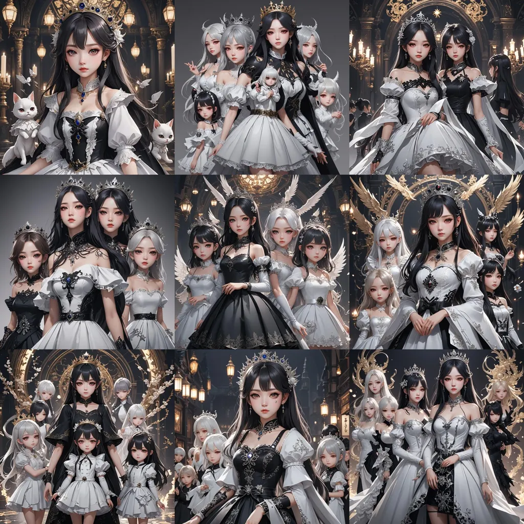 The image shows nine anime girls with long black or white hair. They are wearing either white or black dresses with intricate details. The girls are all very beautiful and have different expressions on their faces. Some of them are smiling, while others are more serious. The background of the image is a dark room with a large window.