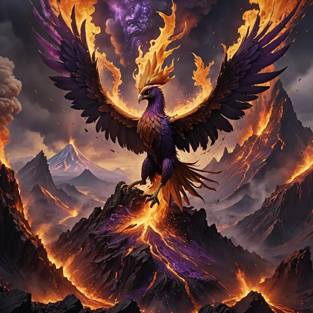 A majestic purple and gold phoenix rises from the ashes of a volcano. The mythical bird is surrounded by flames. The background is a volcanic landscape with mountains and lava.