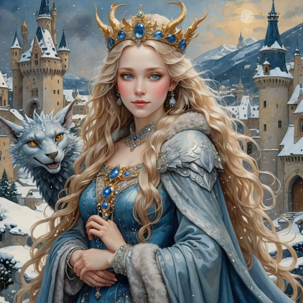 The Snow Queen is a beautiful, yet cold and heartless, woman who lives in a castle of ice and snow. She has the power to freeze anything she touches, and her touch can cause great pain. She is often accompanied by a white wolf, which is her loyal companion.