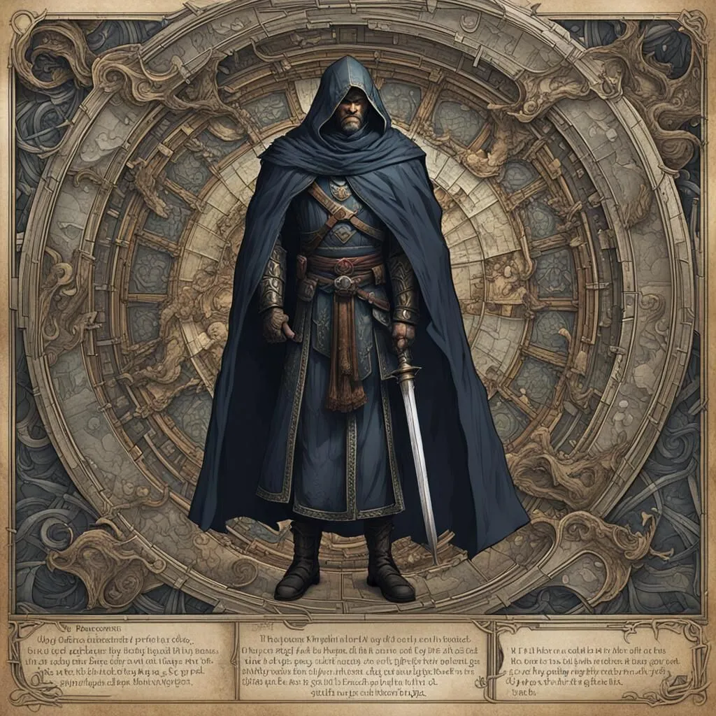 This is an image of a man with a sword. He is wearing a dark blue cape and a brown shirt. He has a sword in his right hand. He is standing in front of a large clock.