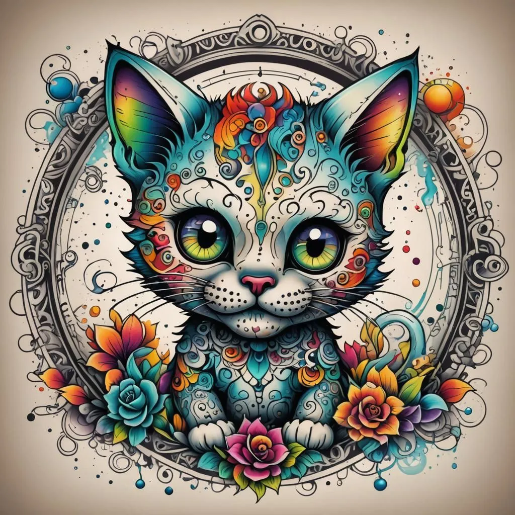 The image is a colorful and psychedelic illustration of a cat. The cat is sitting in a frame of flowers and vines, and its fur is patterned with intricate designs. The cat's eyes are wide and staring, and its mouth is slightly open. The image is full of vibrant colors and swirling lines, and it has a dreamlike and whimsical quality.