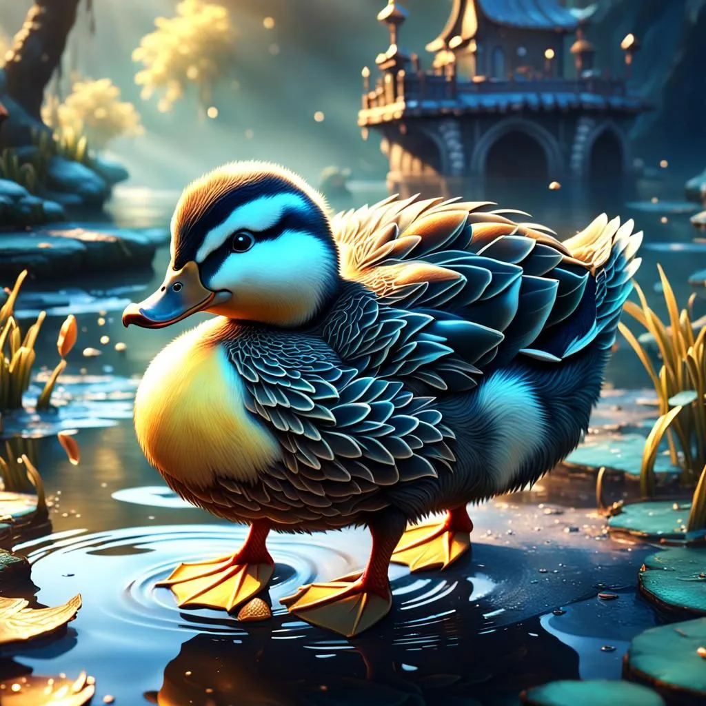 This is a picture of a duck. It has blue, green, and yellow feathers. There is a house in the background and it looks like the duck is in a pond. The duck is standing on some lily pads. It looks very peaceful.