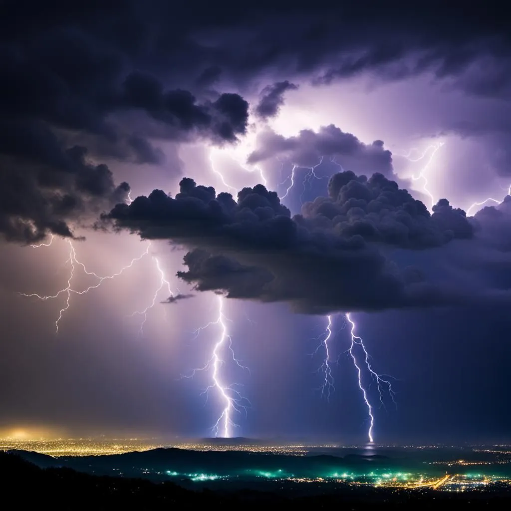 A powerful thunderstorm rages over a city. The dark clouds are lit up by frequent bolts of lightning. The storm is likely to cause damage to property.