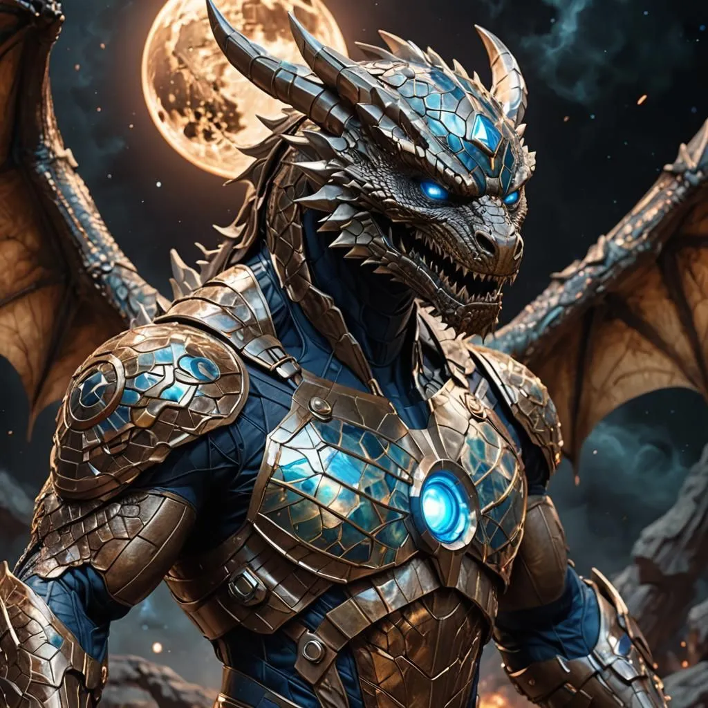 A magnificent dragon stands tall, its powerful presence commanding attention. The creature is covered in shimmering golden scales, each one reflecting the moonlight like a precious gem. Its eyes are a piercing shade of blue, glowing with an inner fire that seems to burn with intensity. The dragon's wings are outstretched, displaying their impressive wingspan.