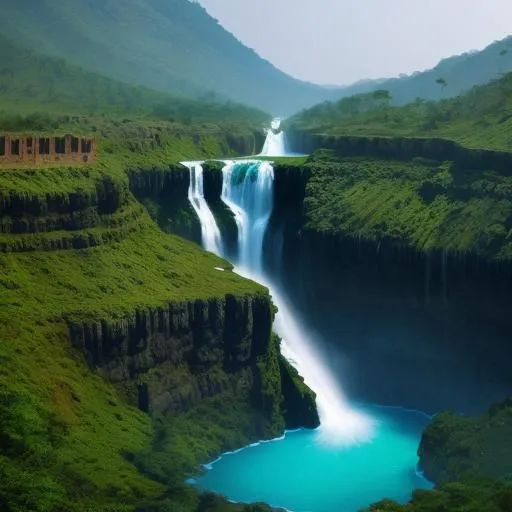 The waterfall is very tall and wide. The water is white and foamy. The waterfall is surrounded by a lush green jungle. The cliffs are very tall and steep. The sky is blue and there are some white clouds. The waterfall is in a remote area and there are no people visible. The waterfall is a beautiful and natural wonder.