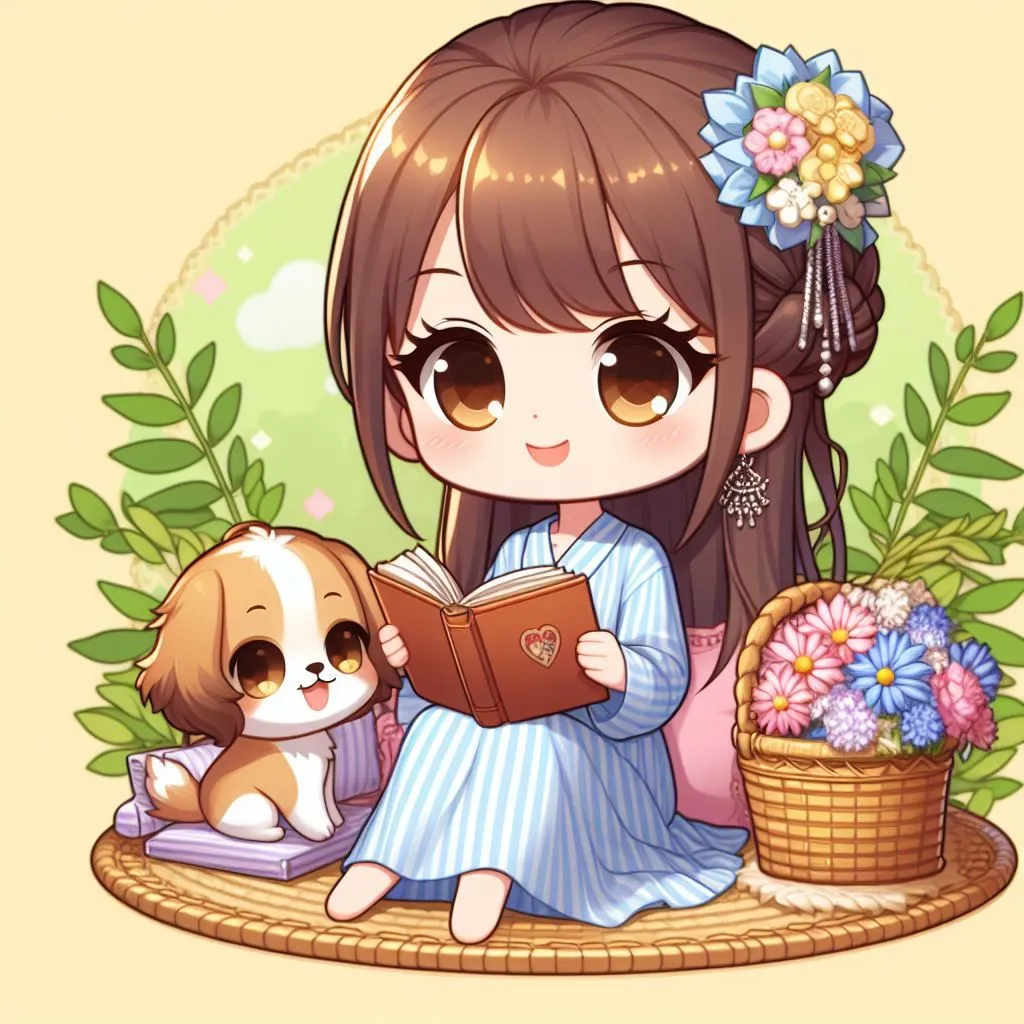 The image shows a cute chibi girl with brown hair and big brown eyes. She is wearing a blue and white striped dress and has a flower in her hair. She is sitting on a cushion on the ground, reading a book. A small brown dog with a white belly is sitting next to her, looking up at her. There is a basket of flowers sitting next to the girl. The background is a simple yellow color.