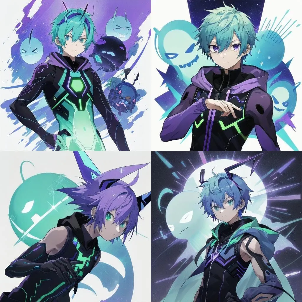 The image shows a character with green hair and purple eyes. He is wearing a black and green outfit with a green jacket. He has a determined expression on his face and is surrounded by four purple creatures. The background is a dark blue with a glowing green light in the center.