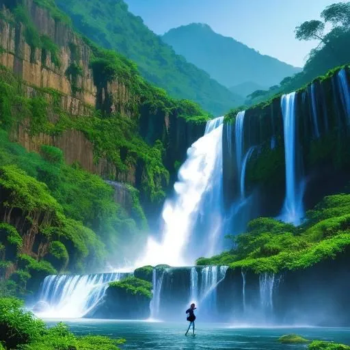 The waterfall is in the middle of a jungle. The water is coming down from a high cliff. The waterfall is surrounded by green trees and plants. There is a person standing in the water in front of the waterfall. The person is wearing a blue shirt and black pants. They are holding a walking stick. The person is looking up at the waterfall.