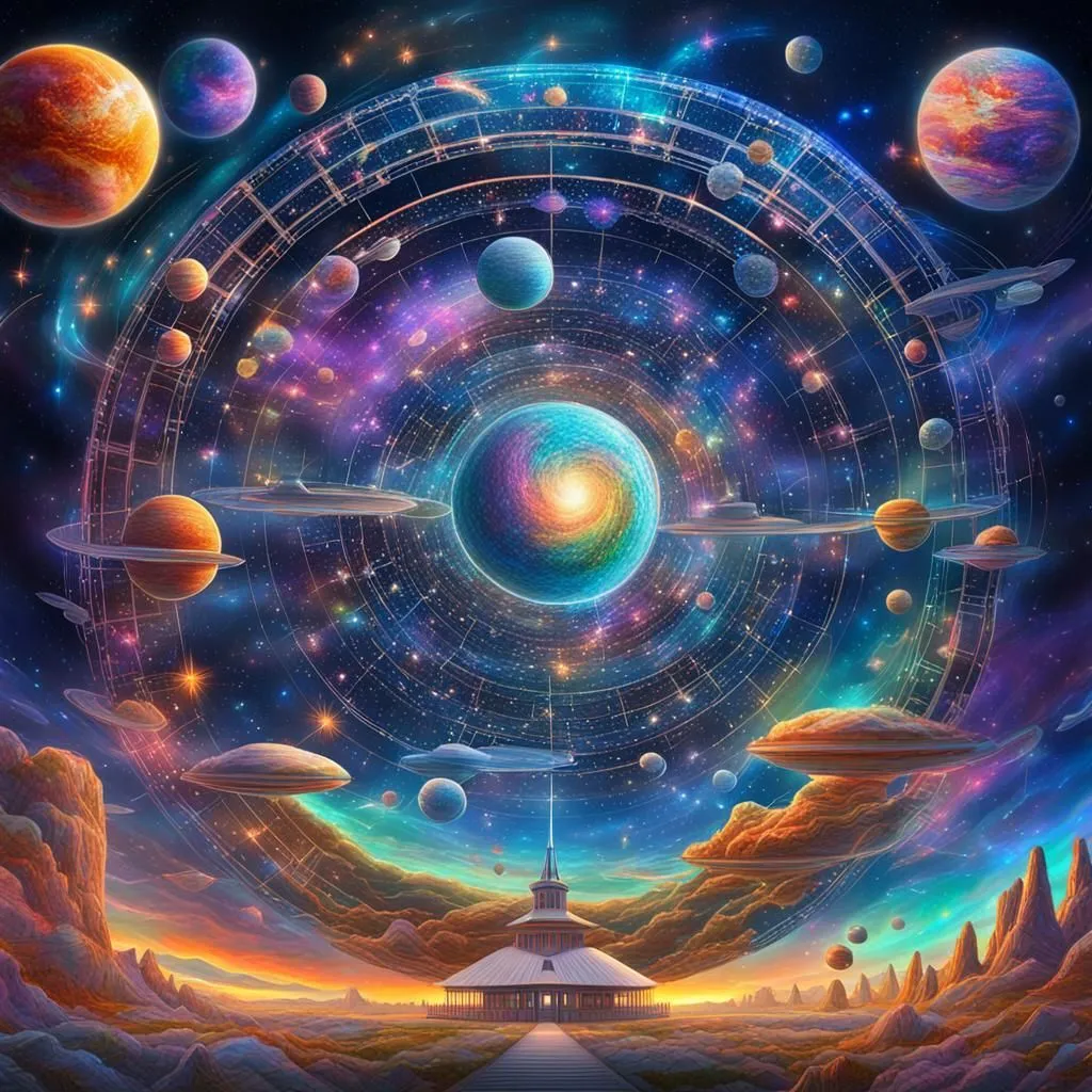 The image is set in a vast and colorful universe. There are many stars, planets, and galaxies in the image. The colors are vibrant and saturated. The image has a dreamlike or surreal quality to it. There is a large planet in the center of the image. The planet is surrounded by a series of rings. There are also a number of moons orbiting the planet. The planet is lit by a bright light. There is a large structure on the surface of the planet. The structure is surrounded by a number of smaller structures. There are a number of people on the surface of the planet. The people are all wearing white robes.