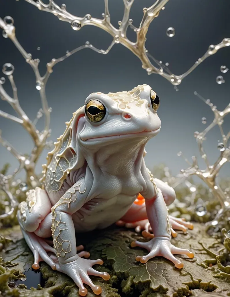 The image depicts a white and translucent frog sitting on a rock in front of a gray background. The frog has orange eyes and a white body with yellow markings. The rock is covered in green moss. The frog is surrounded by a number of small water droplets.