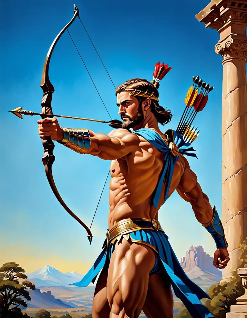 The image shows a muscular man with long dark hair and a beard. He is wearing a blue loincloth and a golden belt. He is holding a bow and arrow and is aiming it at something off-screen. He has a quiver full of arrows on his back. He is standing in front of a large column. There is a mountain range in the background.