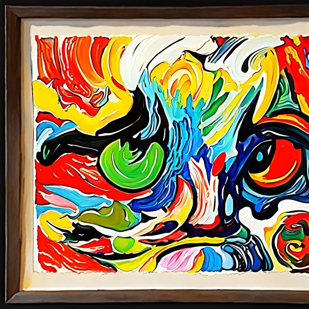 This is an abstract painting of a cat. The colors are vibrant and the brushstrokes are thick. The cat's eye is green and its fur is a rainbow of colors. The background is a deep blue. The painting is framed in a black frame.