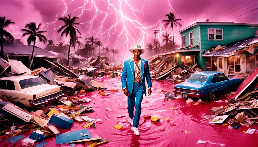 The image is set in a flooded street with debris from destroyed houses floating in the water. The sky is dark and stormy. A man wearing a suit and hat is walking through the flood. He is carrying a briefcase and has an umbrella. The man is surrounded by palm trees and houses. The image is both surreal and thought-provoking. It is a reminder of the power of nature and the importance of being prepared for disasters.