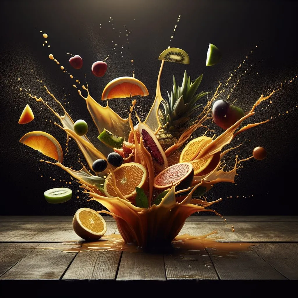 A variety of fruits are suspended in mid-air as they explode outward from a central point. The fruits include oranges, kiwi, pineapple, grapes, and cherries. The background is black, and the wood surface below is stained with the juices from the fruit.