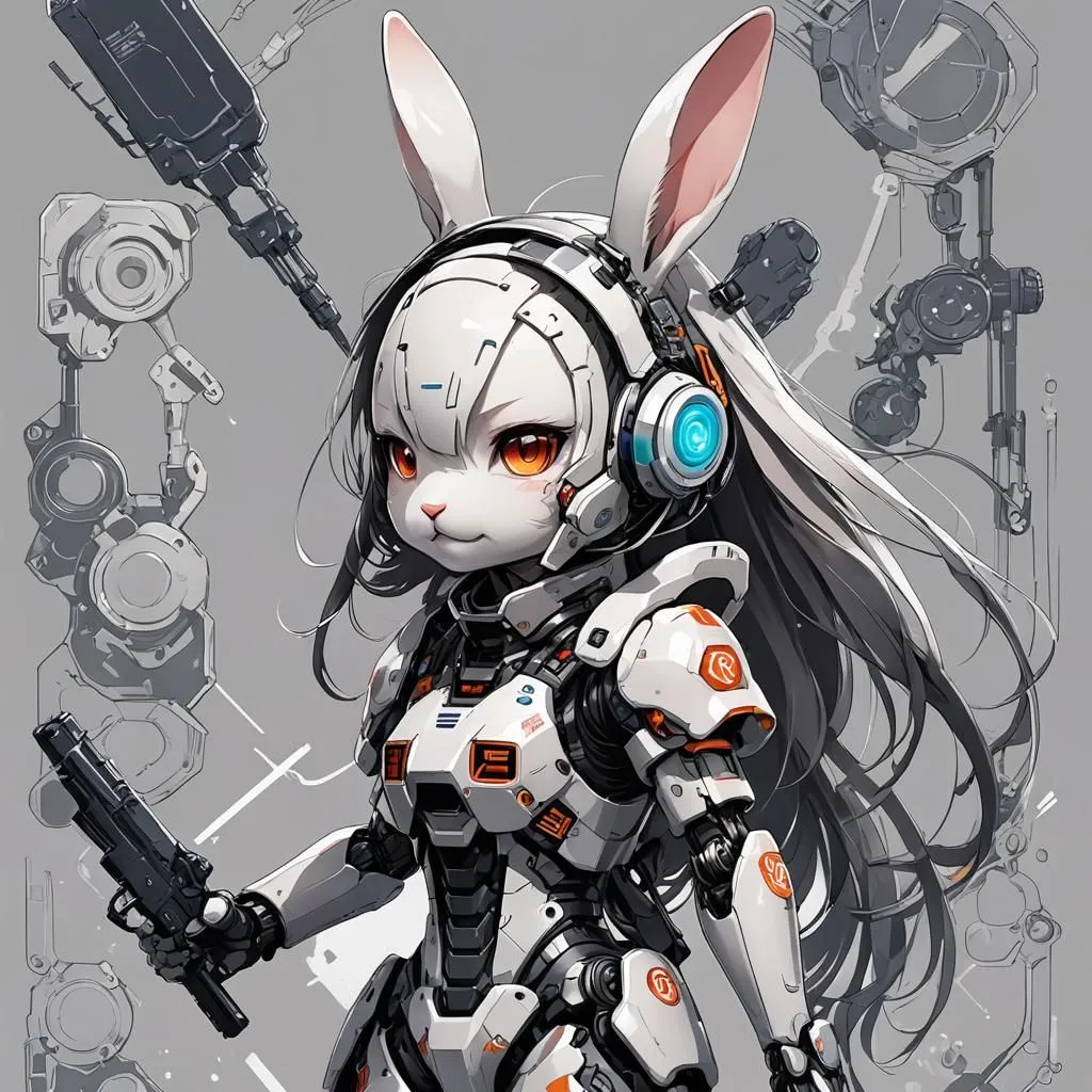 The image depicts a humanoid robot with rabbit ears. The robot is mostly white with orange and grey accents. It has large orange eyes and a small mouth. It is wearing a white and grey bodysuit and a pair of headphones. The robot is armed with a pistol and a large gun. It is standing in a fighting stance, ready to attack.