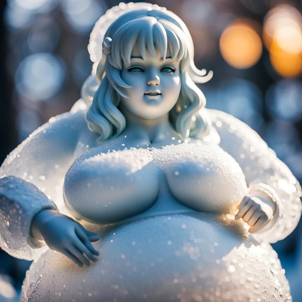 This image depicts a 3D rendering of a snow woman. She is standing in a snowy forest, with a slight smile on her face. She is wearing a white dress and has long white hair. Her eyes are a light blue color, and she has a small nose and a full lips. She is also quite large, with a large bust and a round belly.