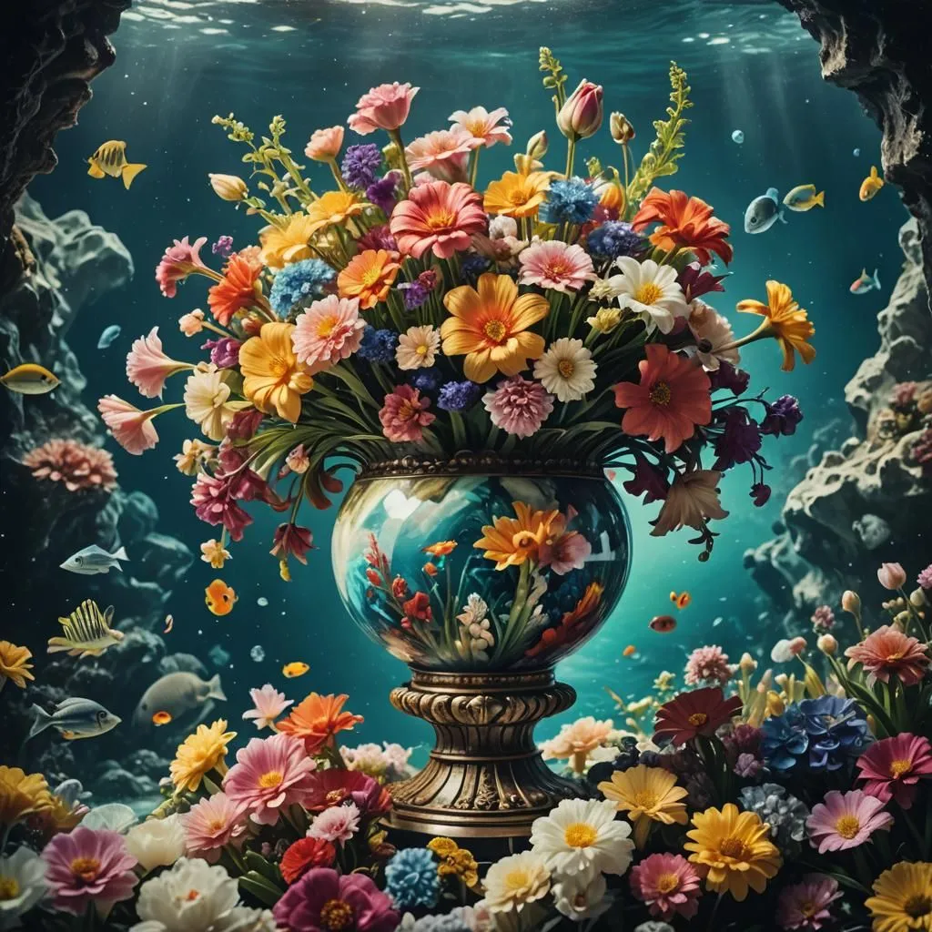 The image is a surreal and beautiful depiction of a vase of flowers sitting on the ocean floor. The vase is filled with a variety of colorful flowers, including roses, tulips, and lilies. The flowers are surrounded by schools of fish and other sea creatures. The water is crystal clear. The image has a dreamlike quality and is sure to capture the viewer's attention.