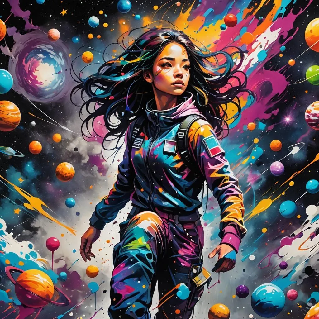 A young girl in a spacesuit is standing in front of a colorful background. She has long, dark hair and brown eyes. She is wearing a blue and purple spacesuit with a white collar. There are planets and stars all around her. The girl is looking at the viewer with a determined expression.