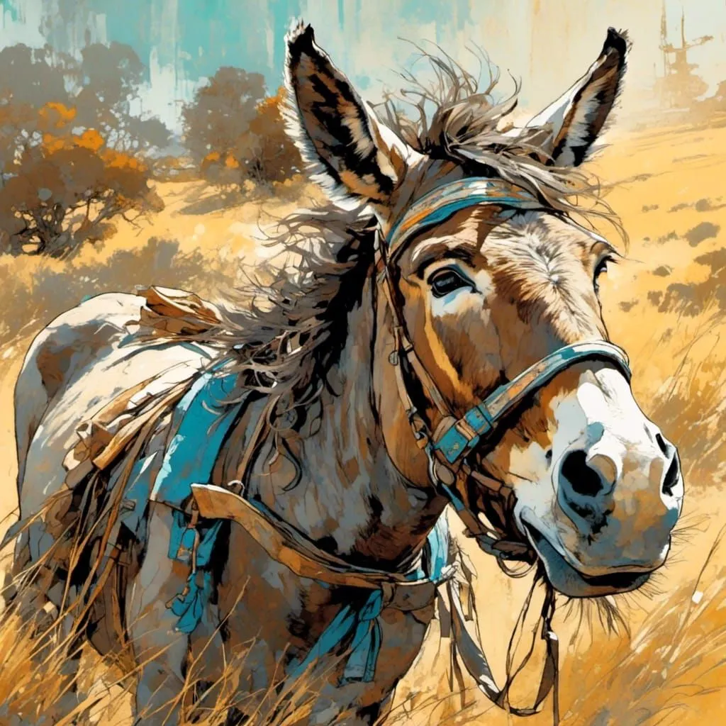 This is a painting of a donkey. The donkey is standing in a field of tall grass. There are trees and a blue sky in the background. The donkey is wearing a bridle and a saddle. The donkey has a calm expression on its face. The painting is done in a realistic style. The colors are muted and the brushstrokes are visible.