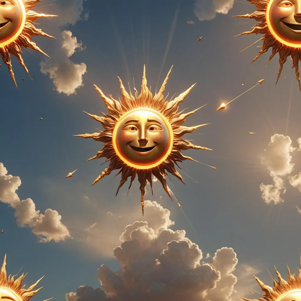 The image shows a golden sun with a smiling face in the center. The sun is surrounded by clouds and has a light blue sky in the background. The sun is also surrounded by small, golden, sun-shaped objects. The image is bright and cheerful, and it evokes feelings of happiness and warmth.