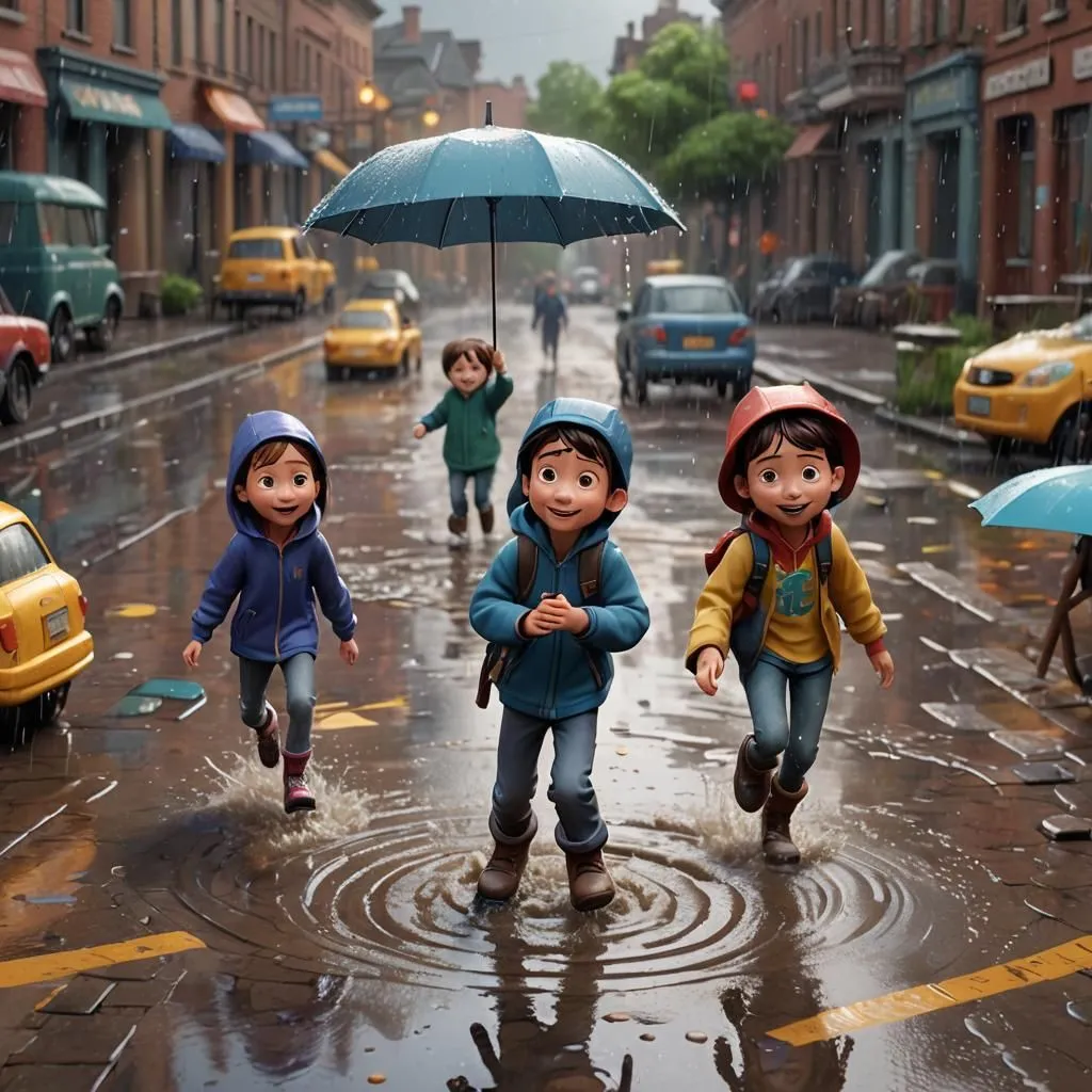 It's a rainy day and three kids are running and splashing in the puddles. They are all wearing raincoats and carrying umbrellas. The street is wet and there are cars parked on either side. The buildings are tall and there are a few trees. The rain is coming down hard but the kids are still having fun.