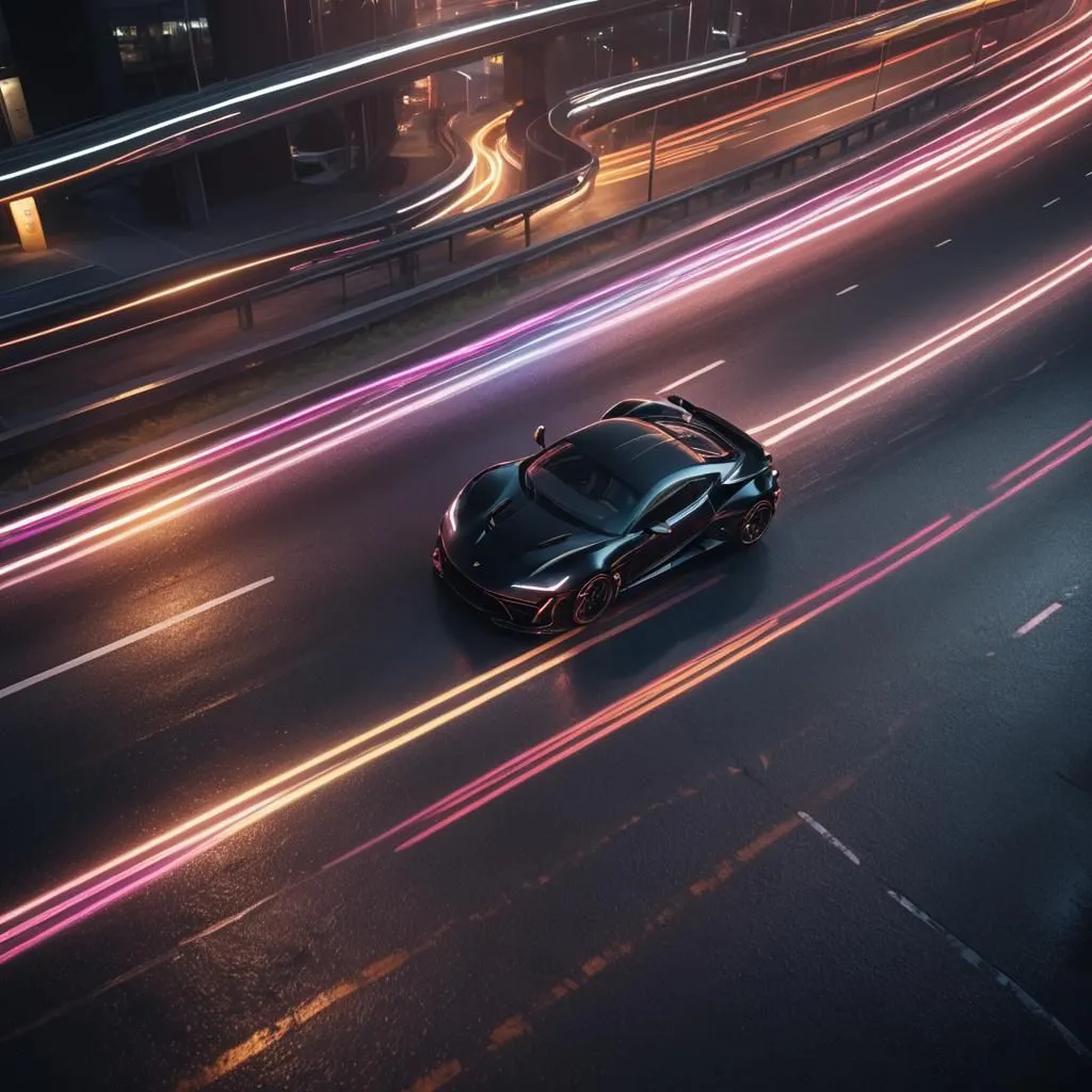 A black sports car is driving on a city road at night. The car is blurred, and the lights of the city are streaking by in the background. The car is in the center of the road, and the city lights are on either side of it. The car is moving fast, and the city lights are blurred.