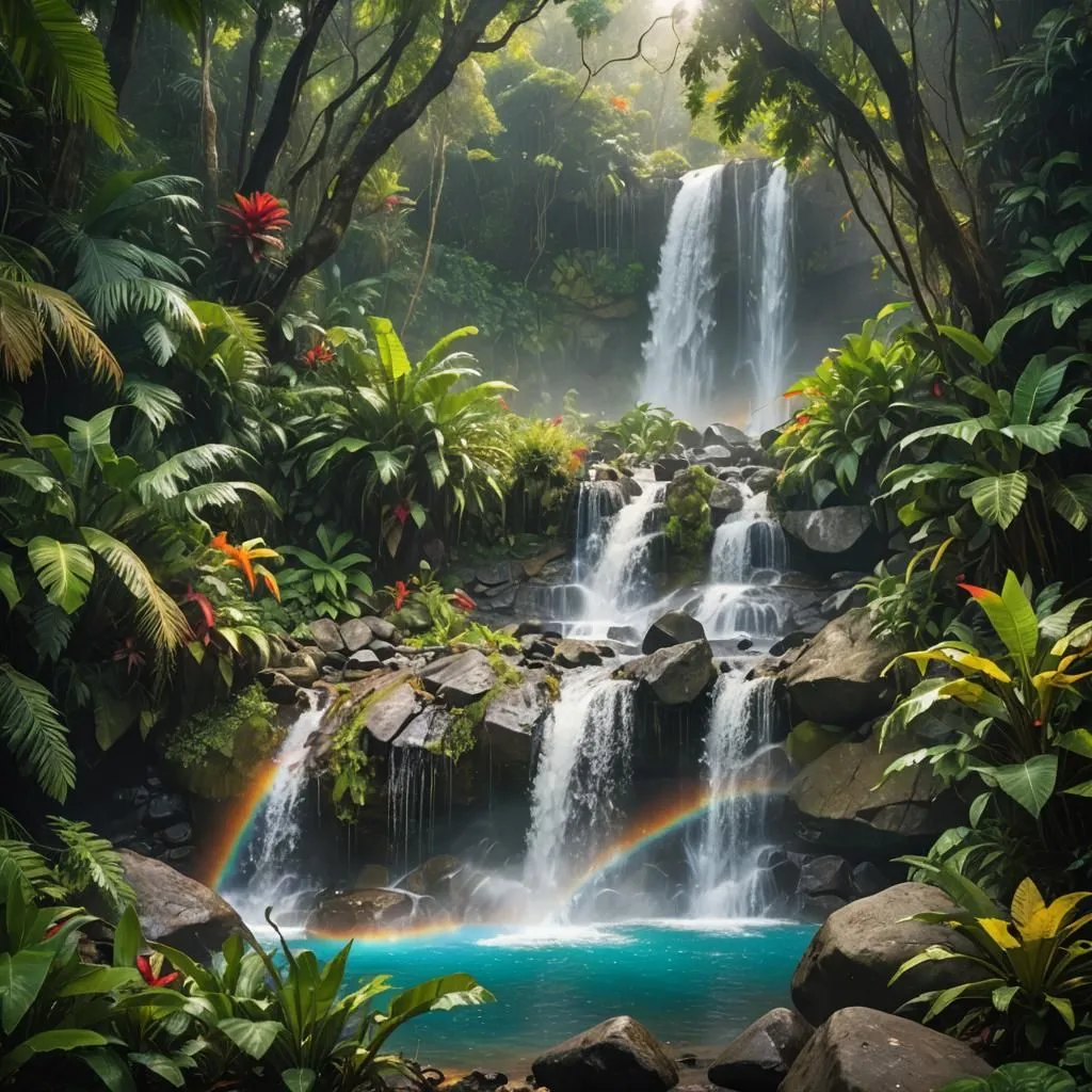 Amidst the lush foliage of the jungle, a majestic waterfall cascades down, its powerful force creating a mesmerizing spectacle. The water crashes against the rocks below, sending up a refreshing mist that dances in the sunlight. The verdant ferns and vibrant flowers that line the waterfall's edge add to its beauty, creating a scene that is both enchanting and serene. The waterfall is a source of life for the surrounding wildlife, and its beauty is a reminder of the power and wonder of nature.