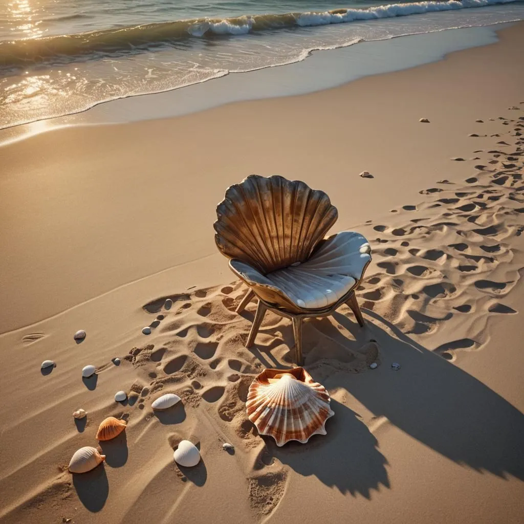 The image is a surreal and beautiful depiction of a seashell chair sitting on a beach. The chair is made of a giant seashell. The beach is covered in sand and seashells. The water is a deep blue color and the waves are gently crashing on the shore. The sun is setting and the sky is a gradient of orange and yellow. The image is full of warm and inviting colors. The overall effect is one of peace and tranquility.