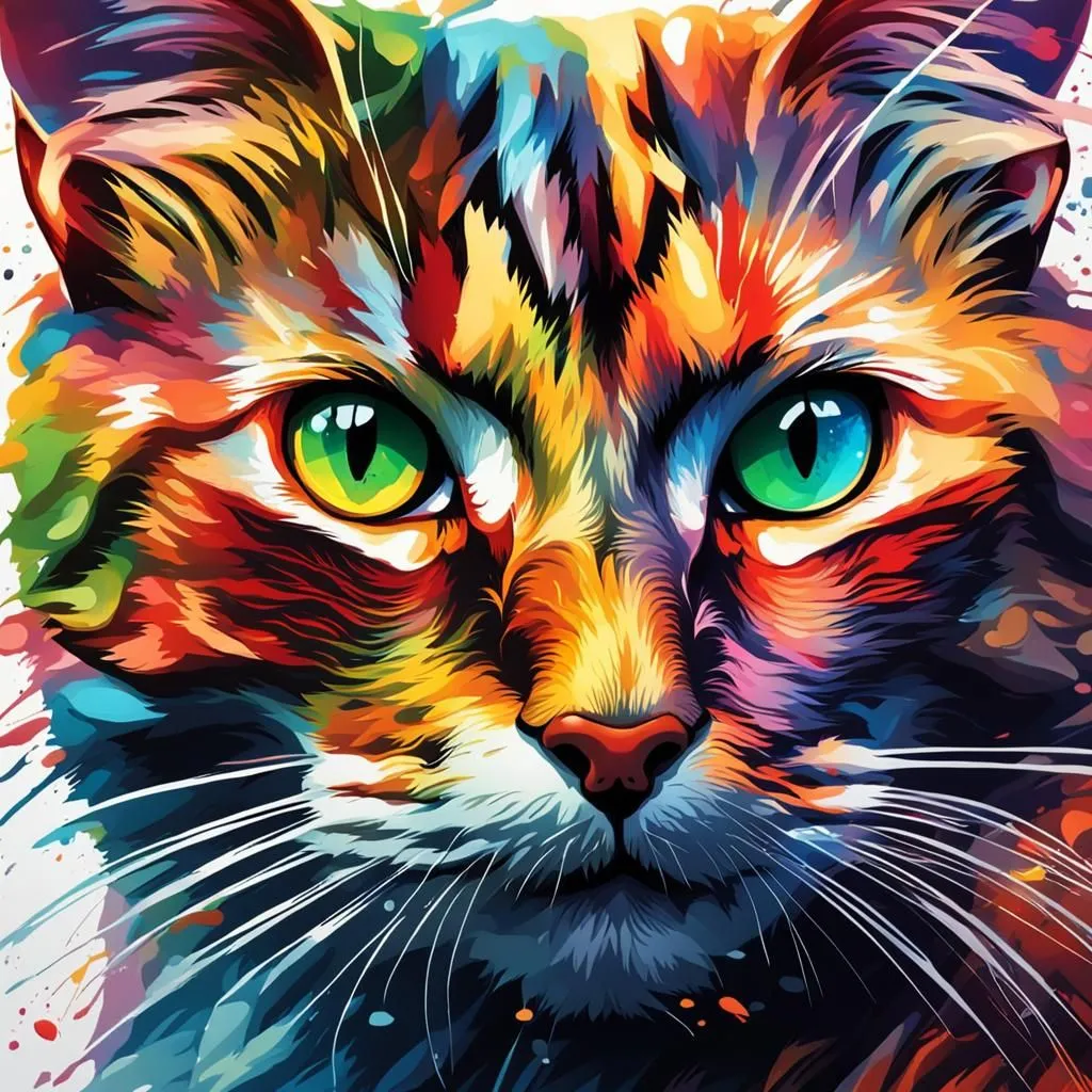 A multi-color portrait of a cat. The cat has green eyes and looks like it is staring at something. The fur on the cat is a rainbow of colors including green, blue, orange, red, purple, pink and yellow. The background of the image is white. The overall effect of the image is one of beauty and mystery.