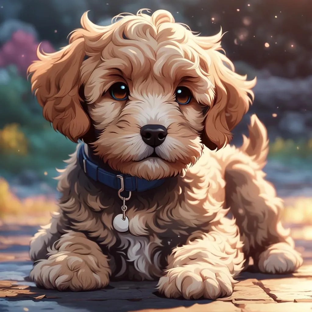 This is a picture of a cute puppy with big brown eyes. It has light brown fur and is wearing a blue collar with a tag. The puppy is sitting on the ground and looking up at the viewer with a curious expression. The background is a blur of brown and green.