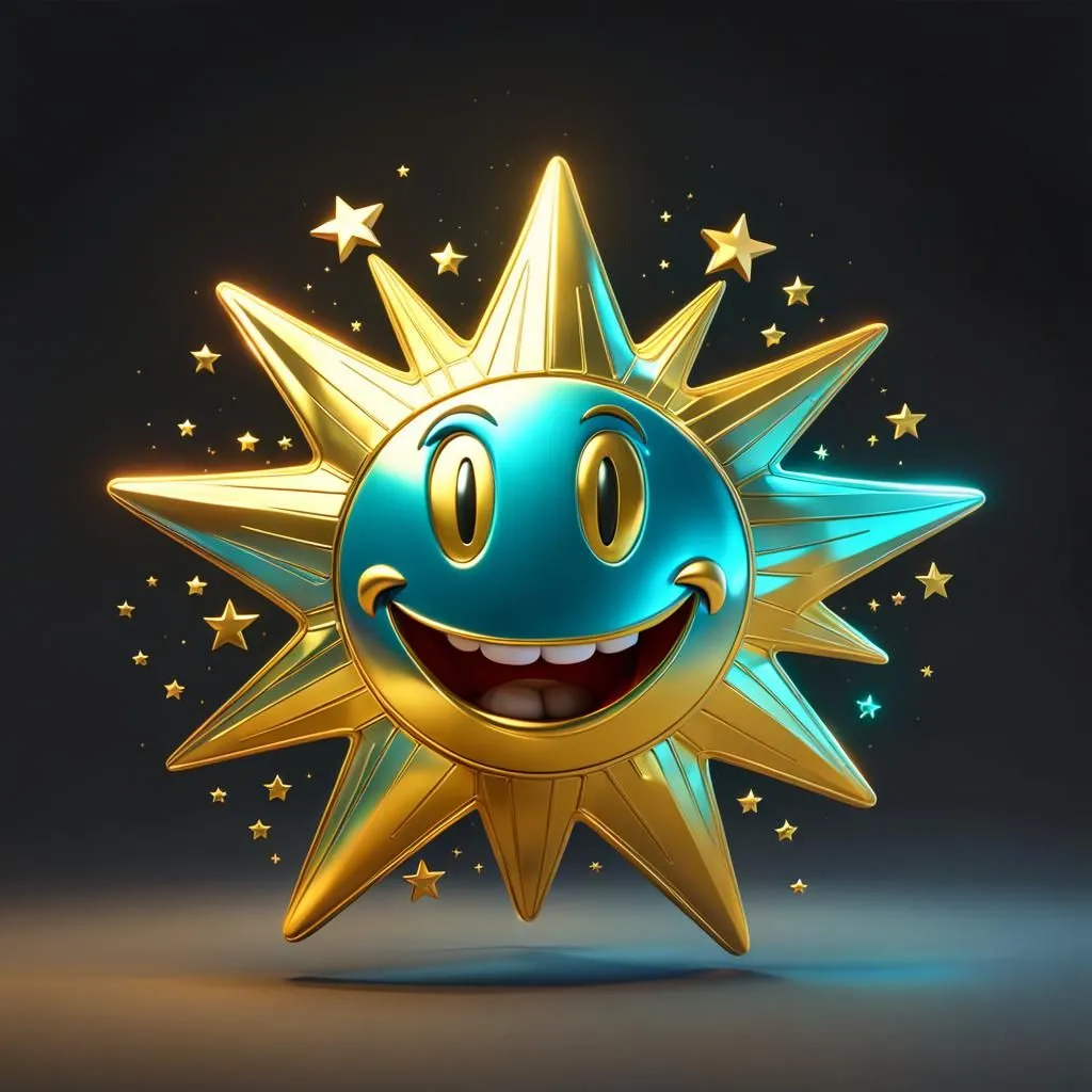 The image is a 3D rendering of a golden sun with a blue face. The sun has a wide smile and is surrounded by 12 small, white stars. The sun is set against a dark background and appears to be shining brightly.