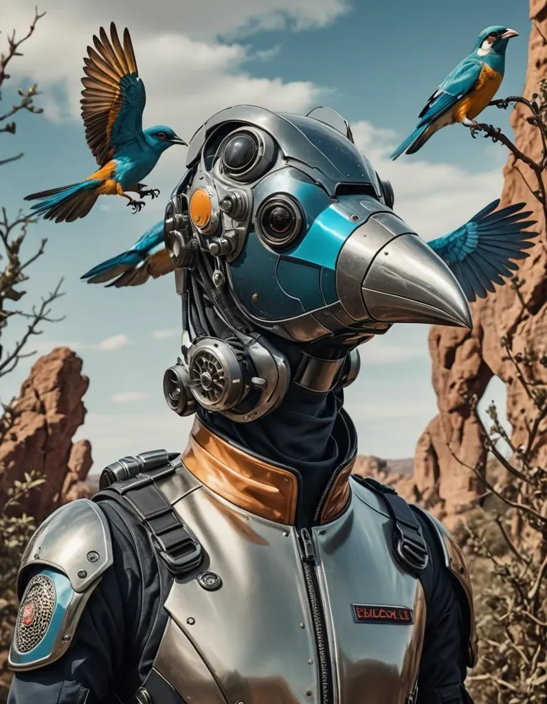 A humanoid robot with the head of a bird is standing in a desert landscape. The robot is wearing a silver and blue suit of armor. It has a large beak and a pair of goggles over its eyes. There are two small blue birds perched on the robot's shoulders. The robot is looking at the camera. In the background, there are large red rocks and a blue sky.