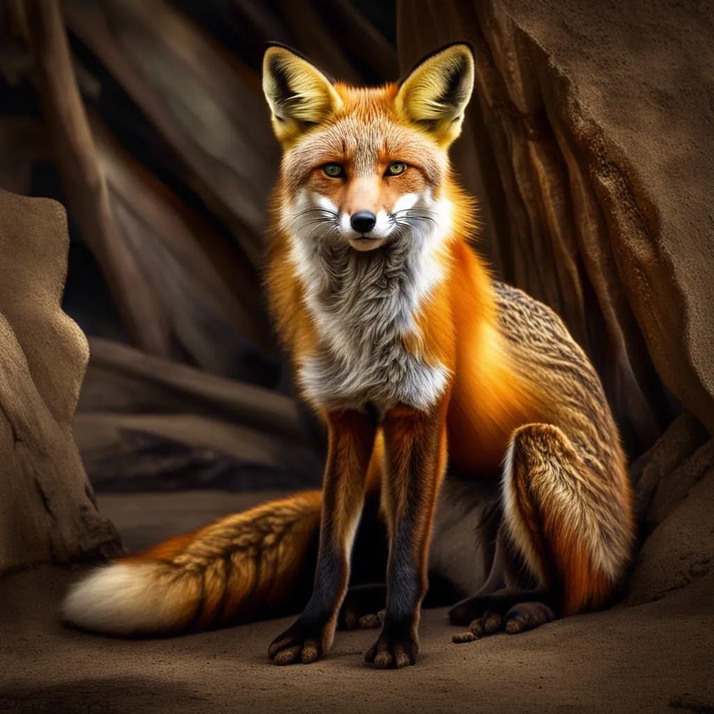 The majestic red fox sits on the rocks, its bright orange fur standing out against the gray background. The fox's eyes are a deep, piercing green, and its ears are perked up, alert to any sound. Its tail is long and bushy, and it curls around its body as it sits. The fox is a beautiful creature, and it is clear that it is well-adapted to its environment.