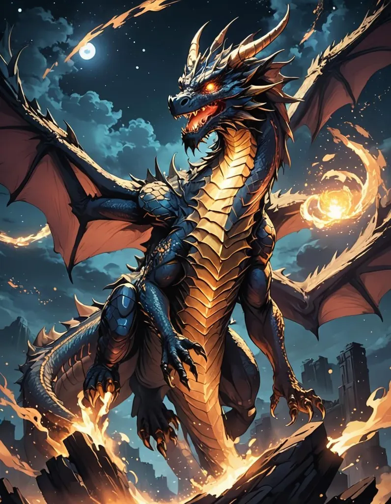 The dragon is a fearsome creature with a long, serpentine body covered in black scales. It has a pair of massive wings that allow it to fly, and its tail is long and powerful. The dragon's head is狰狞, with a large mouth full of sharp teeth. Its eyes are a deep red, and they glow with a fierce intensity. The dragon is surrounded by flames.