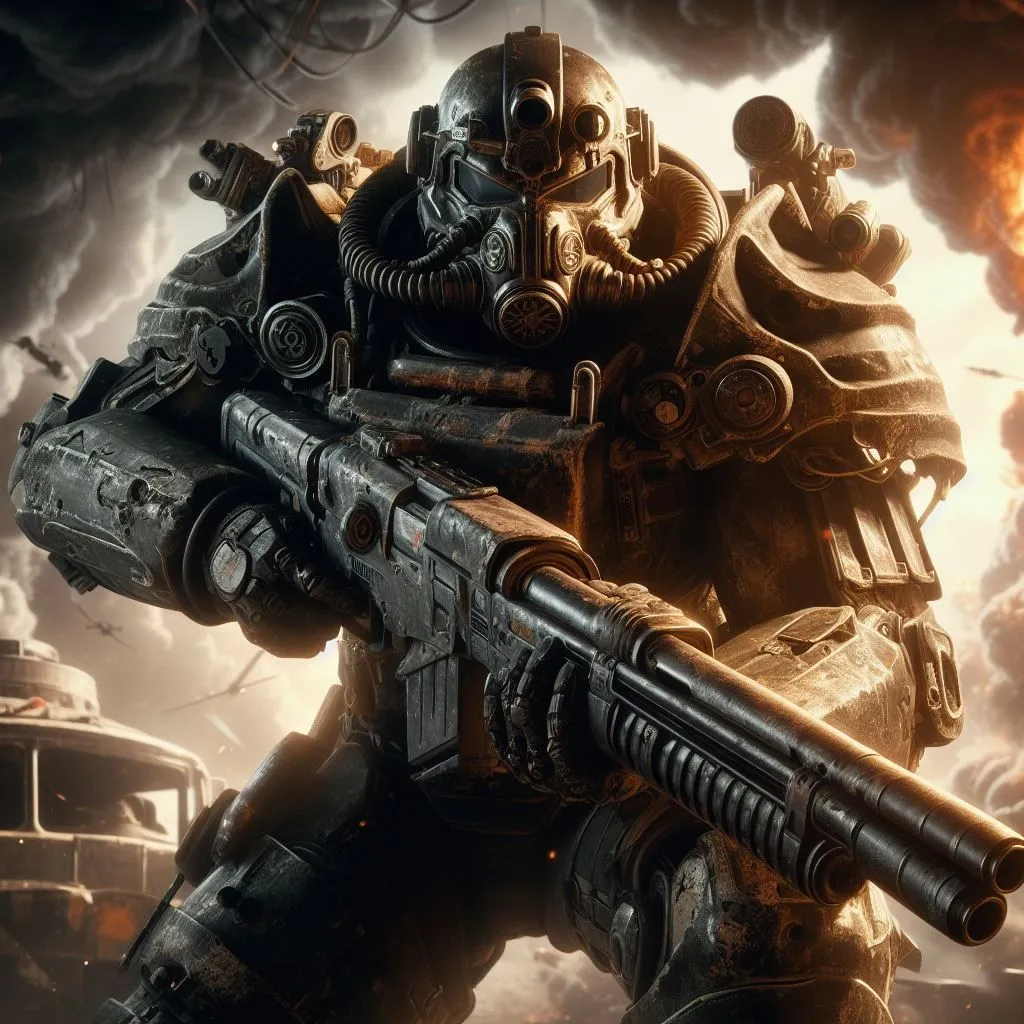 The image shows a soldier wearing a helmet and a suit of armor. He is also carrying a gun. The background is a war zone, with explosions and debris flying everywhere. The soldier is looking at the viewer with a determined expression on his face. It seems like he is ready to fight for his life.