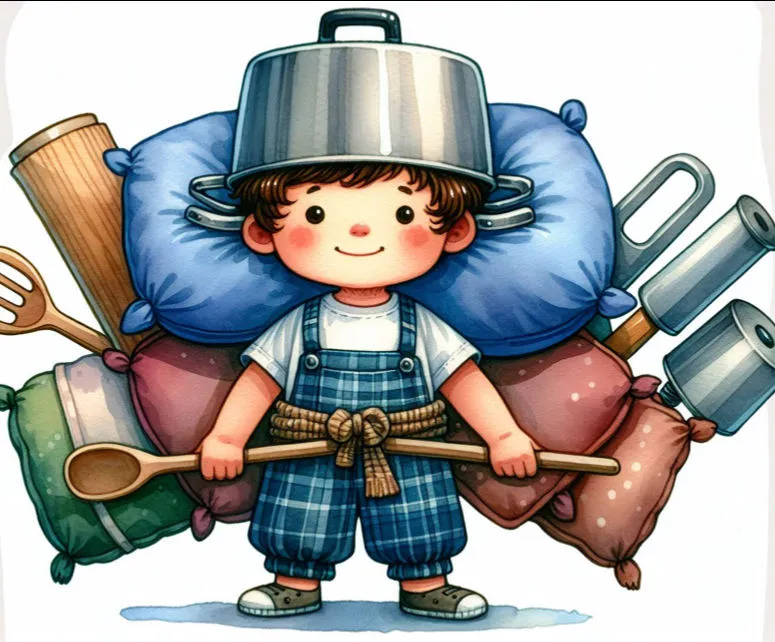 The picture shows a little boy. He is wearing a checked jumpsuit and a pot on his head. He is carrying a big backpack full of kitchen utensils. He is also holding a wooden spoon in his right hand. He looks happy and seems to be enjoying his task.