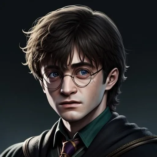 This is a picture of Harry Potter, a fictional character in a book series written by J.K. Rowling. He is a young wizard who attends Hogwarts School of Witchcraft and Wizardry. He has messy brown hair, green eyes, and wears glasses. He is wearing a Hogwarts uniform, which consists of a black robe, a white shirt, and a tie. He is looking at the viewer with a serious expression.