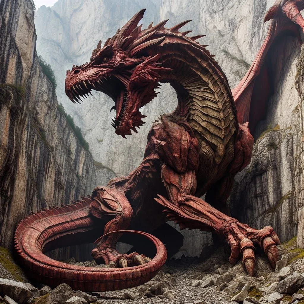 The dragon is a fearsome creature with a long, serpentine body covered in red scales. It has a pair of powerful wings and a long, spiked tail. Its head is large and狰狞, with a pair of sharp horns and a mouth full of sharp teeth. The dragon is perched on a rocky crag, and its eyes are narrowed in anger. It is clear that the dragon is ready to attack anyone who dares to approach.