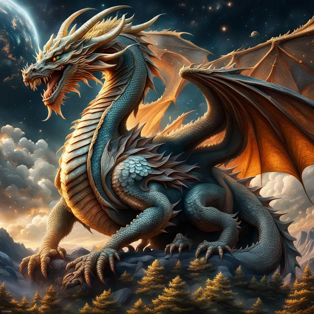 The dragon is a fearsome creature with a long, serpentine body covered in scales. It has a pair of powerful wings and a long, forked tail. Its head is adorned with a pair of horns and its eyes are a deep, piercing blue. The dragon is perched on a rocky crag, surrounded by clouds. In the background, there is a starry night sky with a full moon.