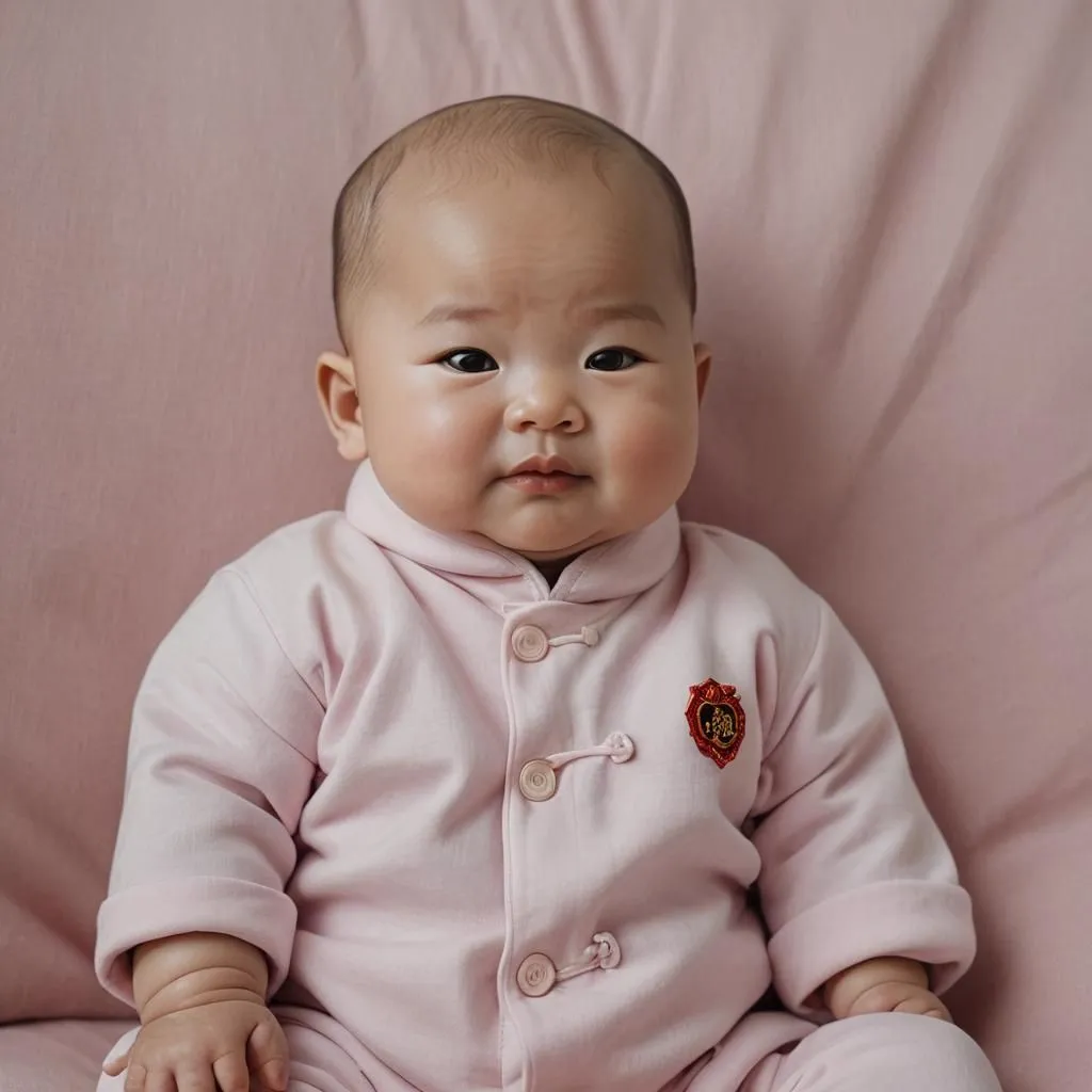 This is a picture of a cute baby. The baby is wearing a pink traditional Chinese outfit. The baby is sitting on a pink blanket and looking at the camera. The baby has a bald head and chubby cheeks. The baby's eyes are dark brown and the baby's skin is fair. The baby's lips are slightly open and the baby's mouth is closed.