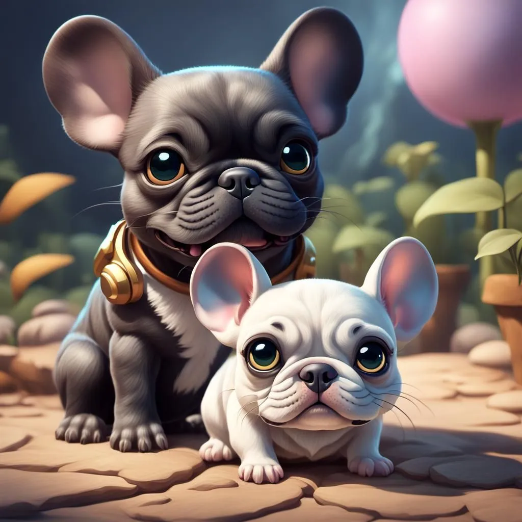 The image shows two French bulldogs. The bigger one is black and has a gold collar with headphones. The smaller one is white. They are both sitting on a stone surface with plants and flowers in the background. The black one has its paw on the smaller one. They are both looking at the viewer.