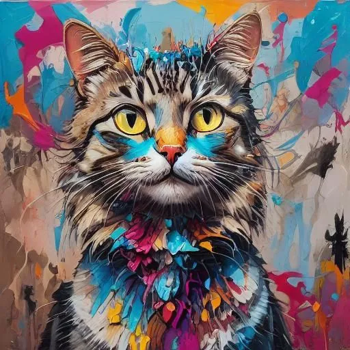 A painting of a cat with vibrant colors. The cat is looking at the viewer with its big green eyes. It has a colorful collar and its fur is a mix of blue, green, and brown. The background is a bright mix of colors. The painting has a modern and abstract feel to it.